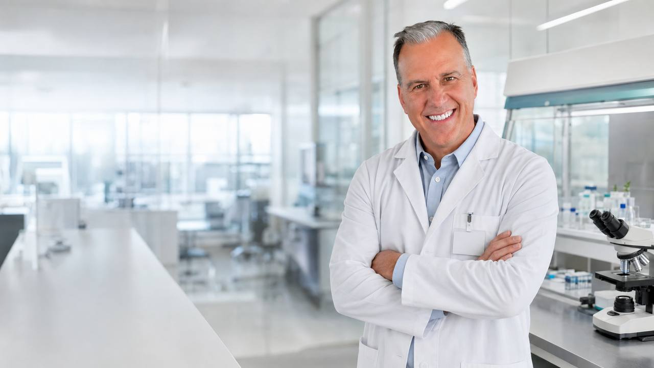 Mark Wilson, virologist, standing with arms crossed in a research laboratory